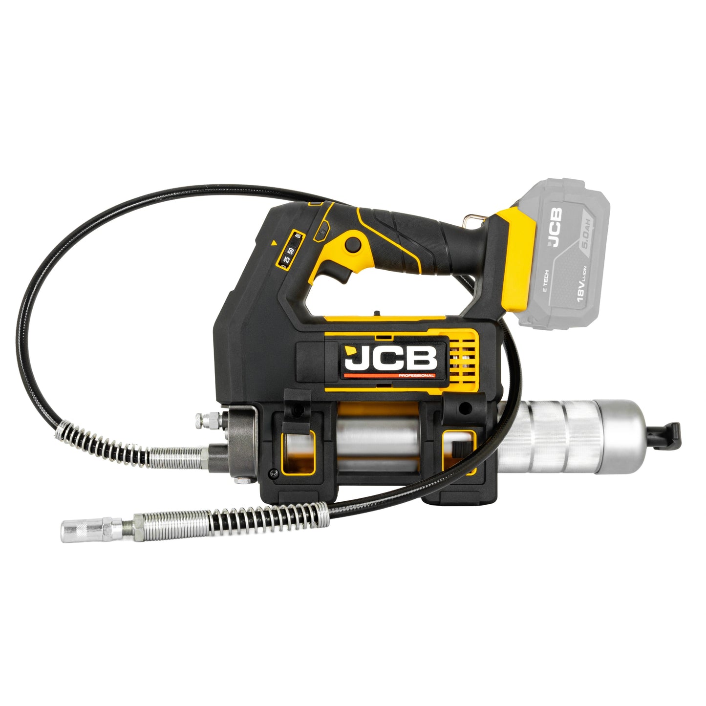 Smarownica akumulatorowa JCB 18PGG-VS czarno-żółta ujęcie z lewego boku z wężem przechodzącym z tyłu do przodu