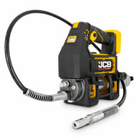 Smarownica akumulatorowa JCB 18PGG-VS czarno-żółta z elastycznym wężem i końcówką smarującą ujęcie z przodu pod kątem