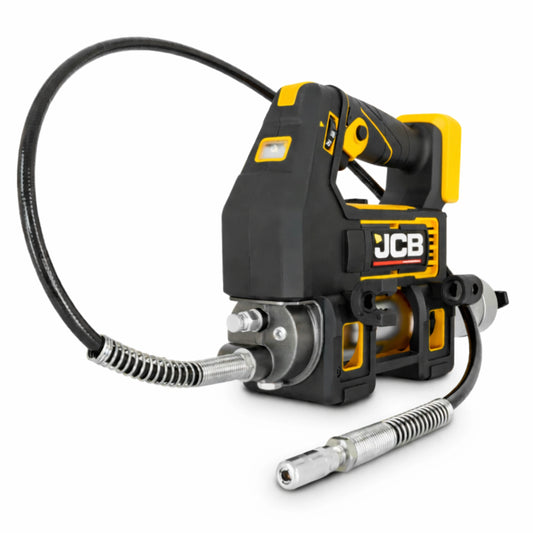 Smarownica akumulatorowa JCB 18PGG-VS czarno-żółta z elastycznym wężem i końcówką smarującą ujęcie z przodu pod kątem
