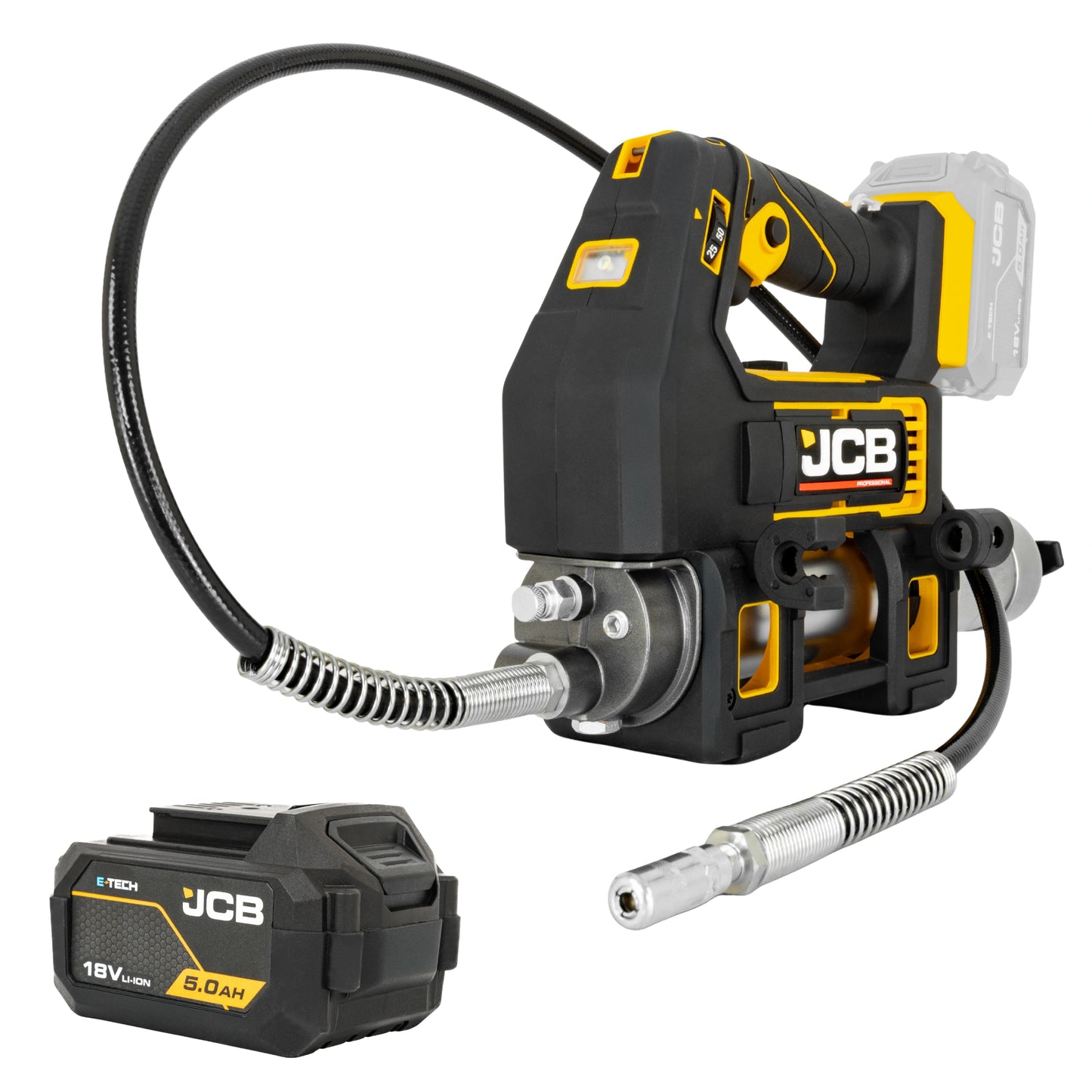 Smarownica akumulatorowa JCB 18PGG-VS z elastycznym wężem końcówką smarującą i akumulatorem JCB 5.0Ah