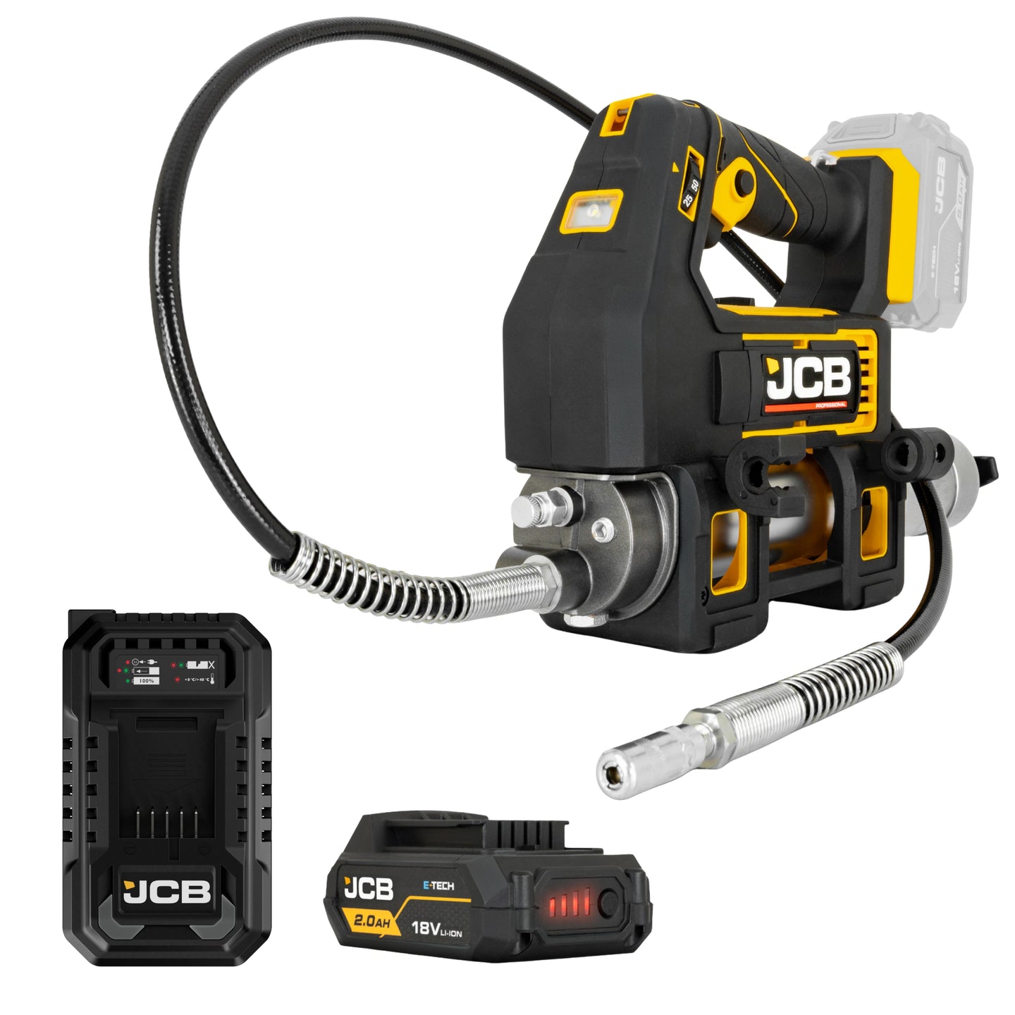 Smarownica akumulatorowa JCB 18PGG-VS z elastycznym wężem końcówką smarującą ładowarką i akumulatorem JCB 2.0Ah
