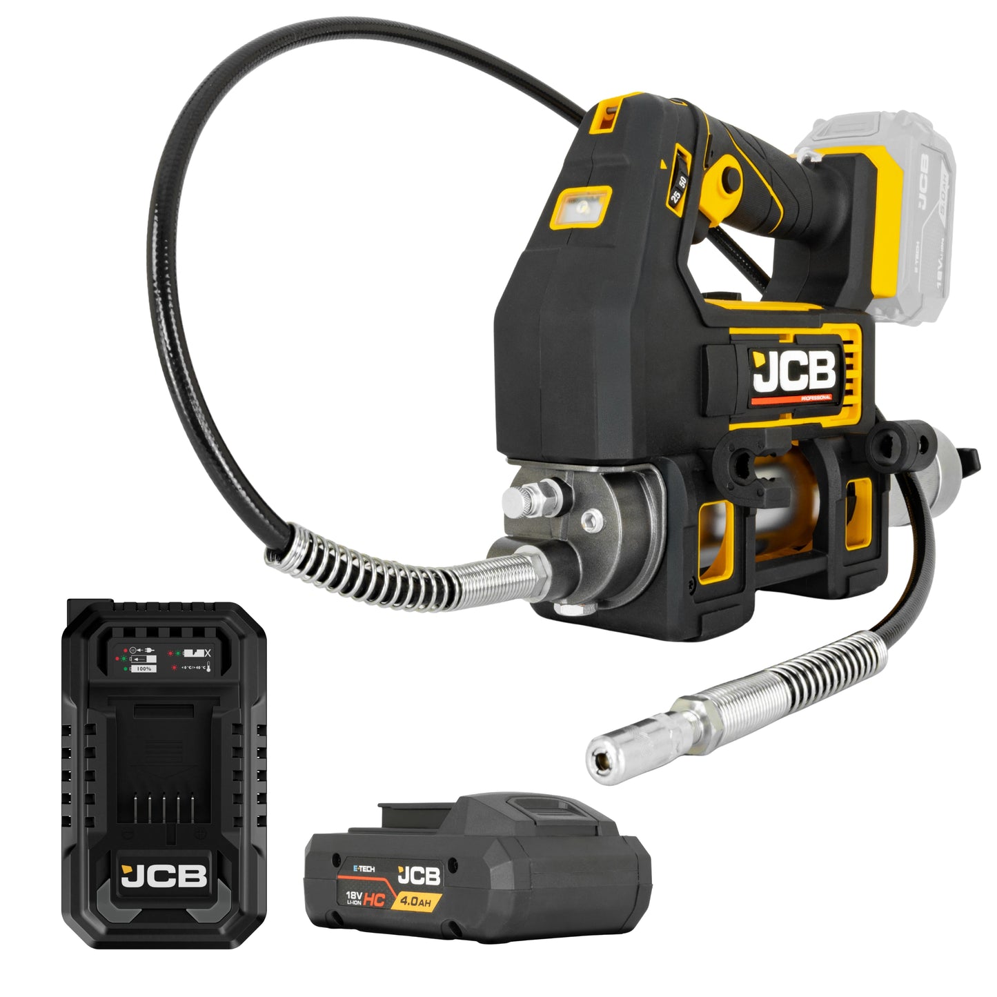 Smarownica akumulatorowa JCB 18PGG-VS z elastycznym wężem końcówką smarującą ładowarką i akumulatorem JCB 4.0Ah