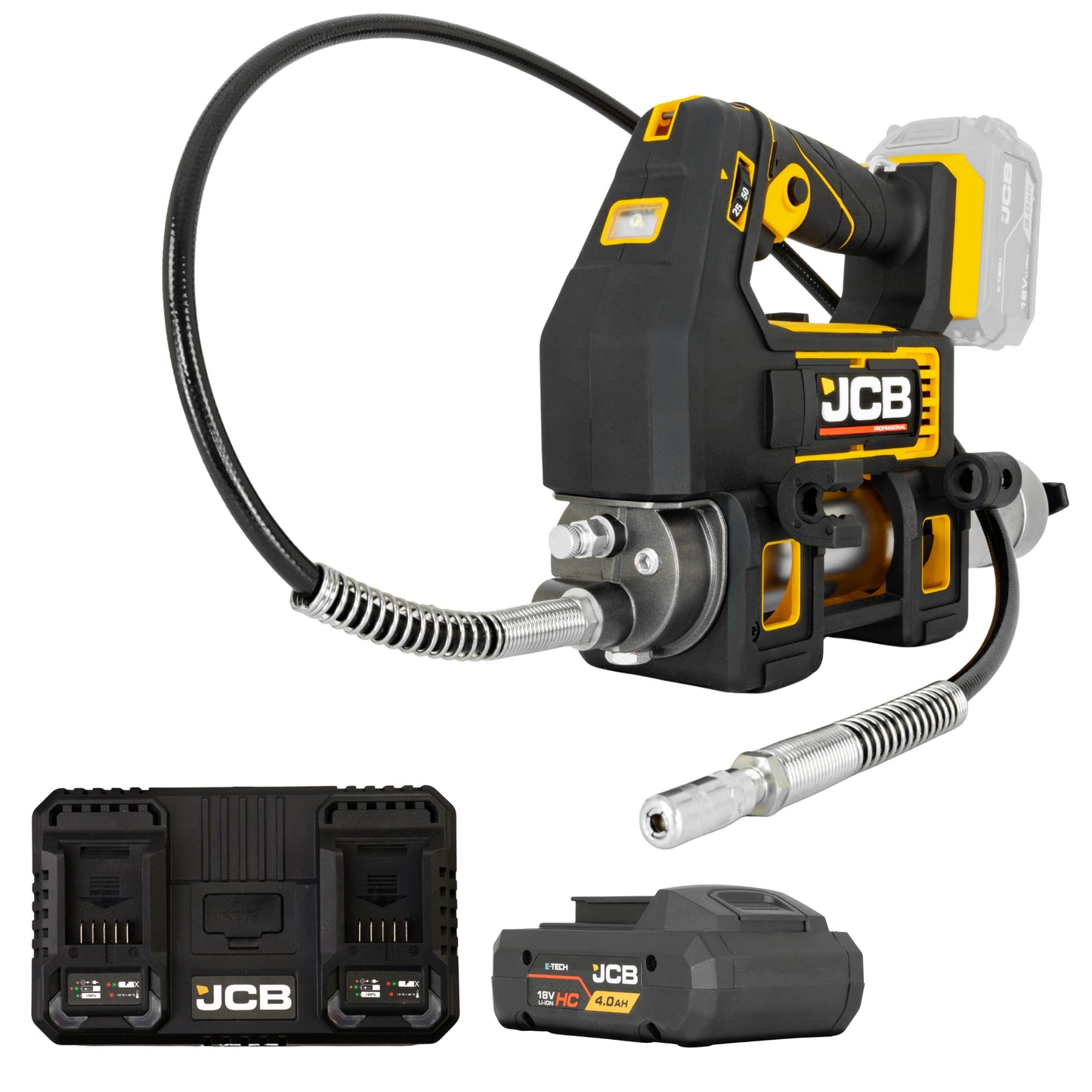 Smarownica akumulatorowa JCB 18PGG-VS z elastycznym wężem końcówką smarującą podwójną ładowarką i akumulatorem JCB 4.0Ah