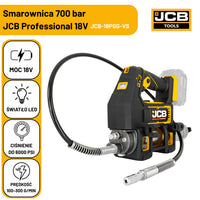 Ikonografika smarownicy akumulatorowej JCB 18PGG-zestaw-1 700 bar z oznaczeniami moc 18V światło LED ciśnienie do 6000 PSI prędkość 100-300 g/min