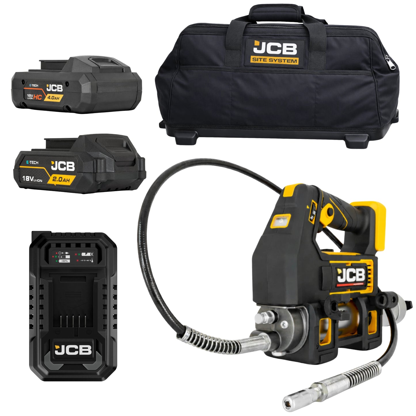 Smarownica akumulatorowa JCB 18PGG-zestaw-1 z torbą Site System ładowarką i akumulatorami 2.0Ah i 4.0Ah
