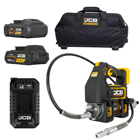 Smarownica akumulatorowa JCB 18PGG-zestaw-1 z torbą Site System ładowarką i akumulatorami 2.0Ah i 4.0Ah
