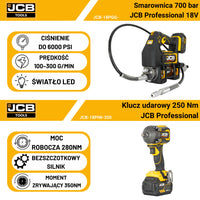 Ikonografika zestawu JCB-18PKIT-5 smarownica 700 bar ciśnienie do 6000 psi prędkość 100-300 g/min światło LED klucz udarowy moc robocza 250Nm moment zrywający 350Nm silnik bezszczotkowy