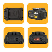 Akumulator JCB 18V 5.0Ah z zestawu JCB-PRO18V-SERVKIT-zestaw-1 cztery ujęcia bok spód bez diod i spód z podświetlonymi diodami czerwonymi