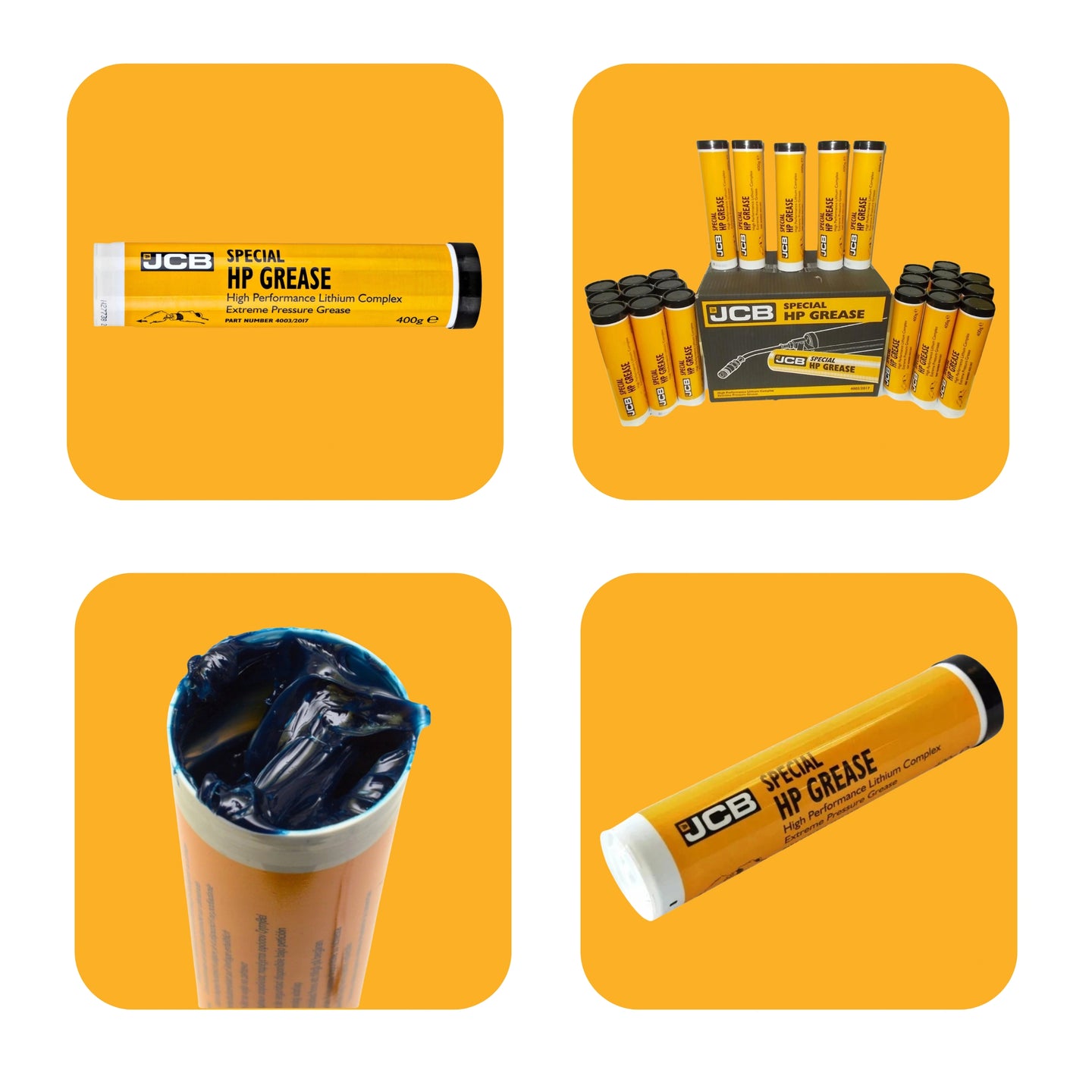 Smar JCB Special HP Grease z zestawu JCB-PRO18V-SERVKIT-zestaw-1 tuba 400g cztery ujęcia pojedyncza tuba zbiorcze opakowanie z tubami otwarta tuba z widocznym smarem i tuba pod kątem
