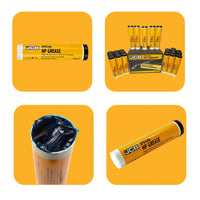 Smar JCB Special HP Grease z zestawu JCB-PRO18V-SERVKIT-zestaw-1 tuba 400g cztery ujęcia pojedyncza tuba zbiorcze opakowanie z tubami otwarta tuba z widocznym smarem i tuba pod kątem