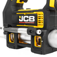 Zbliżenie na korpus smarownicy akumulatorowej JCB 18V z zestawu JCB-PRO18V-SERVKIT-zestaw-1 z wężem i cylindrem smaru