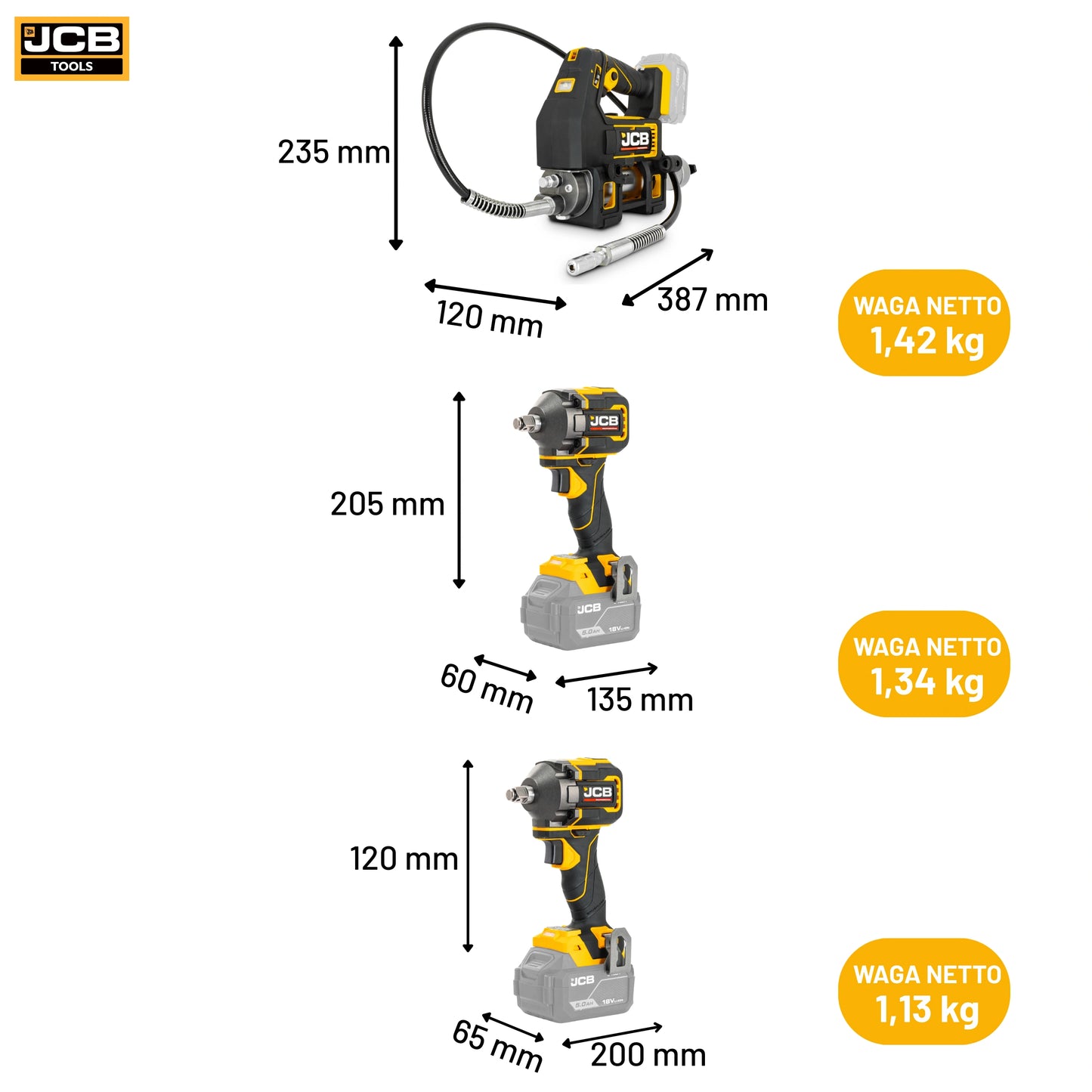 Wymiary zestawu JCB PRO18V-SERVKIT-zestaw-1 smarownica 235×120×387 mm waga 1,42 kg klucz udarowy 620Nm 205×60×135 mm waga 1,34 kg klucz udarowy 350Nm 120×65×200 mm waga 1,13 kg