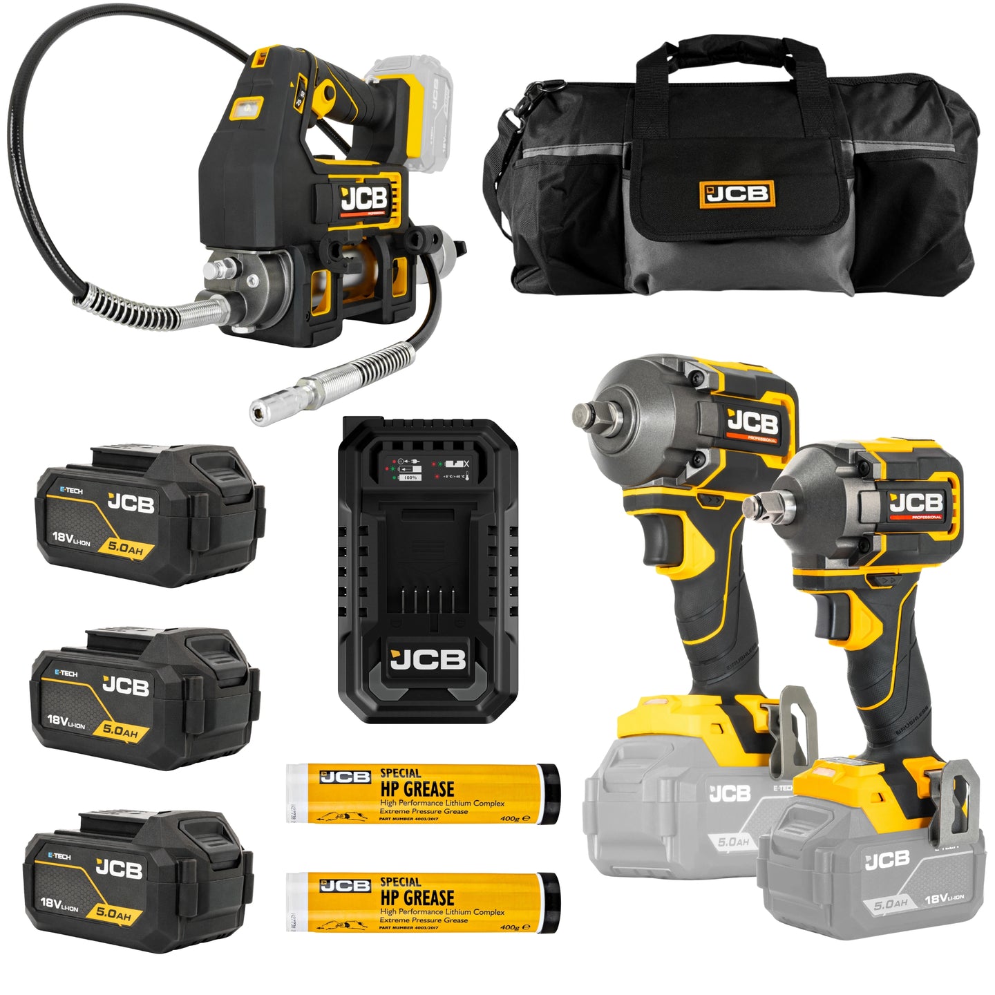 Zestaw JCB PRO18V-SERVKIT-zestaw-1 smarownica akumulatorowa klucz udarowy 350Nm klucz udarowy 620Nm 3x akumulator 5Ah ładowarka 2 tuby smaru i torba Site System