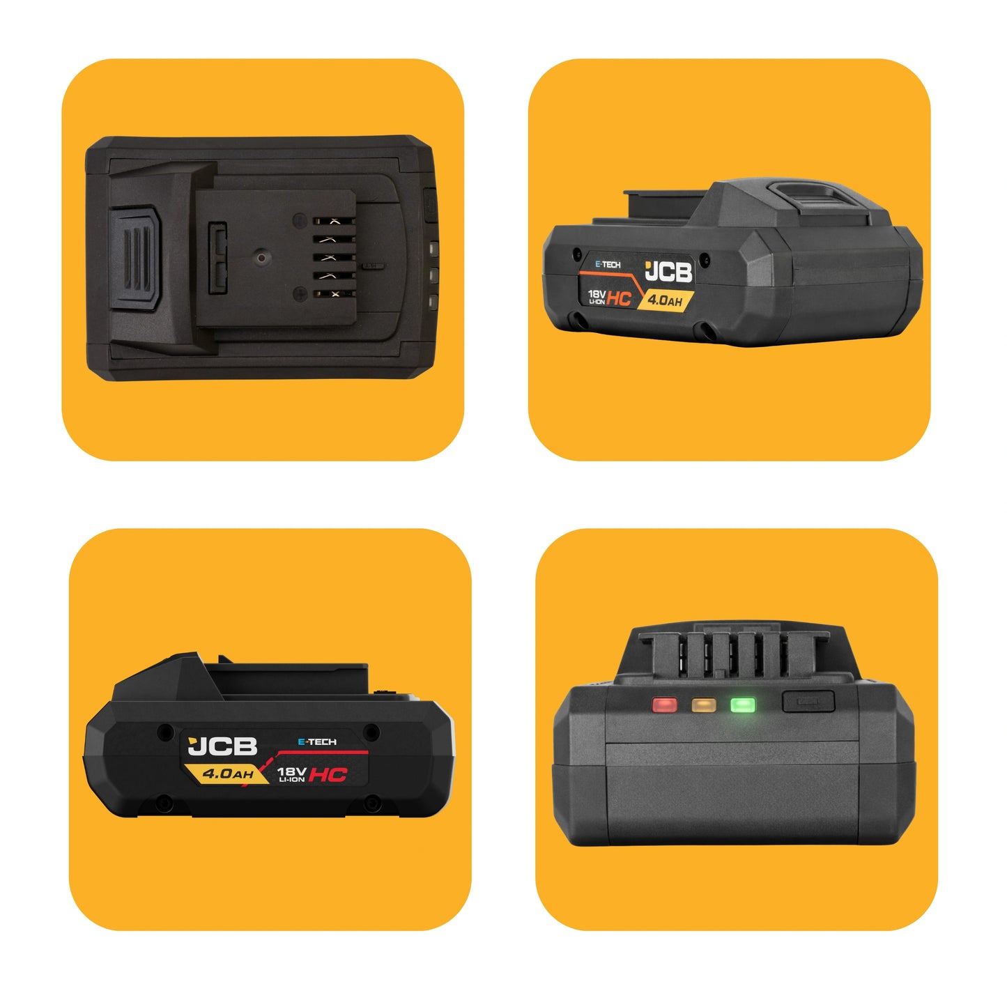 Akumulator JCB 18V 4.0Ah HC cztery ujęcia góra bok przód i tył z diodami naładowania czerwona pomarańczowa zielona