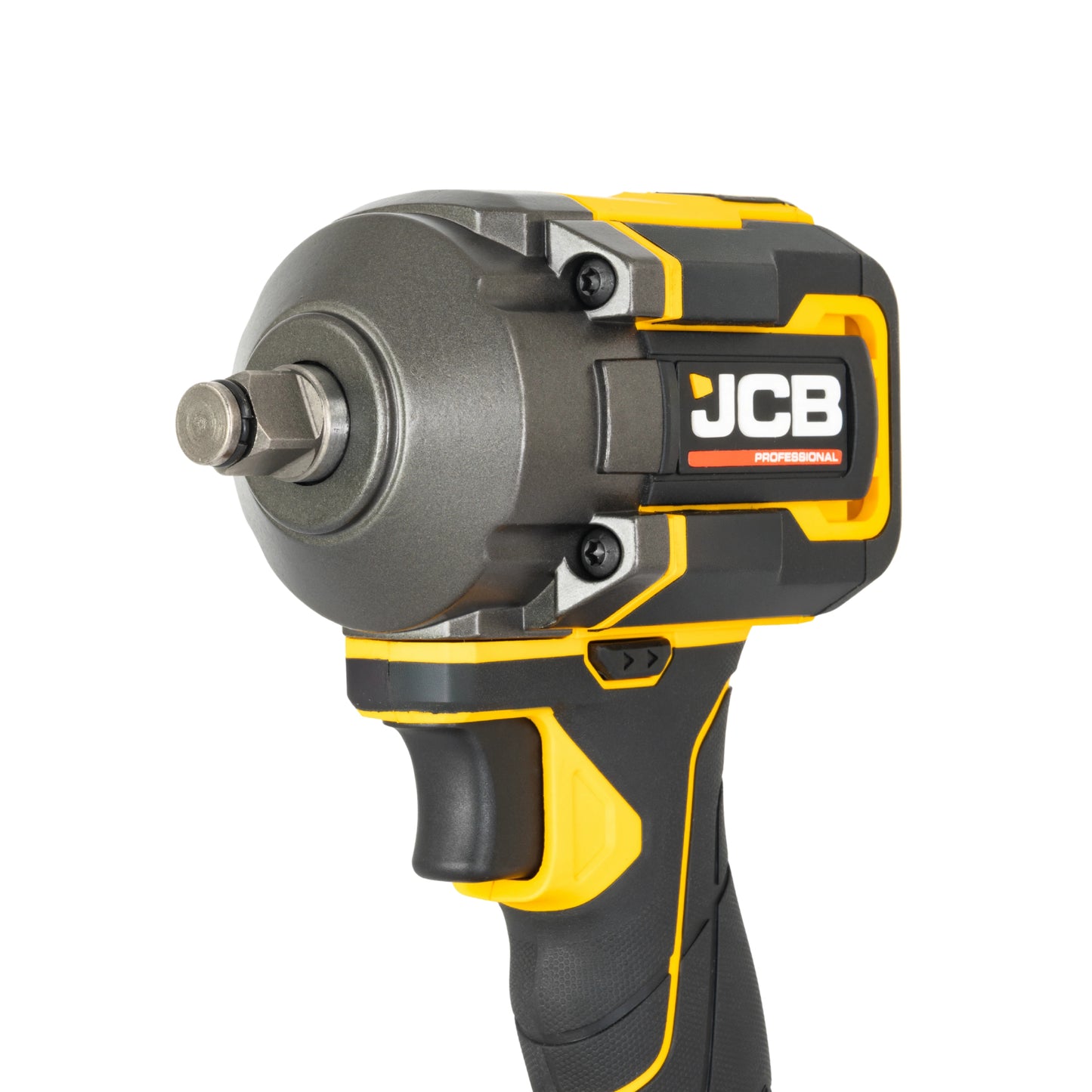 Zbliżenie na głowicę klucza udarowego JCB 18V szaro-żółta z końcówką 1/2 ujęcie z boku