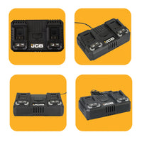 Ładowarka JCB 18V Dual Charge czarna cztery ujęcia z kablem zasilającym z przodu z boku i od tyłu z panelem wskaźników