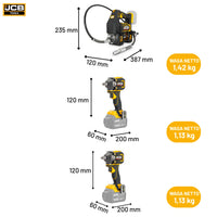 Wymiary zestawu JCB PRO18V-SERVKIT-zestaw-2 smarownica 235×120×387 mm waga 1,42 kg klucz udarowy 620Nm 120×60×200 mm waga 1,13 kg klucz udarowy 350Nm 120×60×200 mm waga 1,13 kg