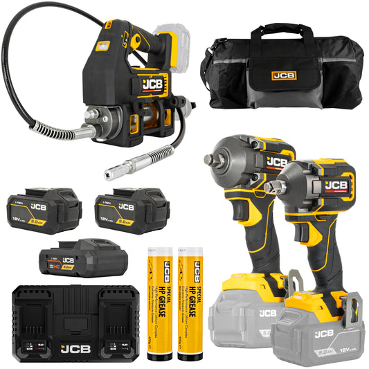 Zestaw JCB PRO18V-SERVKIT-zestaw-2 smarownica akumulatorowa klucz udarowy 350Nm klucz udarowy 620Nm akumulatory 4Ah i 2x5Ah podwójna ładowarka 2 tuby smaru i torba Site System