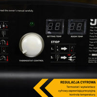Panel sterowania nagrzewnicy JCB SH215DP24 z pokrętłem termostatu, dwoma wyświetlaczami cyfrowymi i tekstem: Regulacja cyfrowa