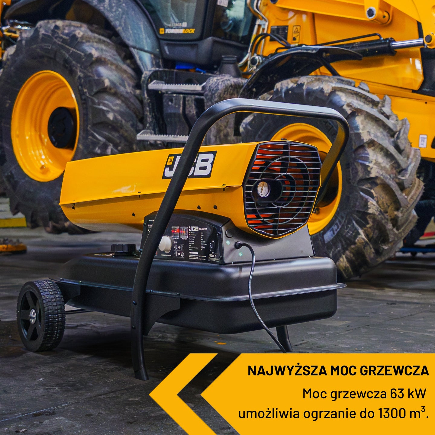 Nagrzewnica JCB SH215DP24 podczas pracy, widok z tyłu z wentylatorem, w tle maszyna JCB, tekst: Najwyższa moc grzewcza 63 kW