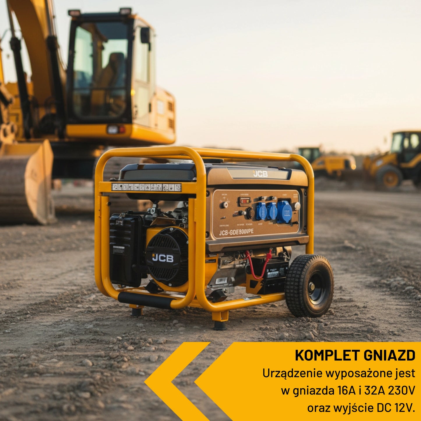 Agregat do prądu JCB GDE8000PE 7.9 kW na placu budowy widok z parametrami gniazda 16A 32A 230V i wyjście DC 12V