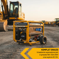 Agregat do prądu JCB GDE8000PE 7.9 kW na placu budowy widok z parametrami gniazda 16A 32A 230V i wyjście DC 12V