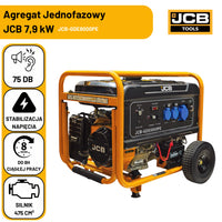 Agregat prądotwórczy JCB GDE8000PE 7.9 kW z podwójnym systemem rozruchu elektrycznym i ręcznym widok w hali z parametrami