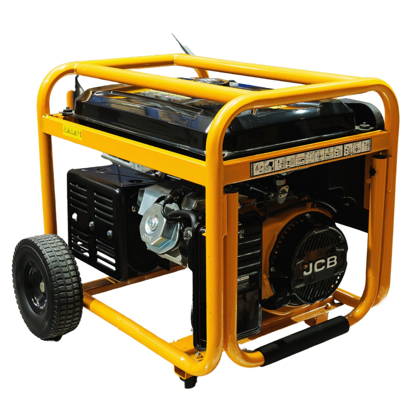 Agregat elektryczny JCB GDE8000PE 7.9 kW z żółtą ramą ochronną widok skośny z lewej strony na silnik OHV i wentylator