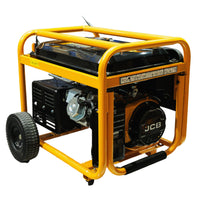 Agregat elektryczny JCB GDE8000PE 7.9 kW z żółtą ramą ochronną widok skośny z lewej strony na silnik OHV i wentylator