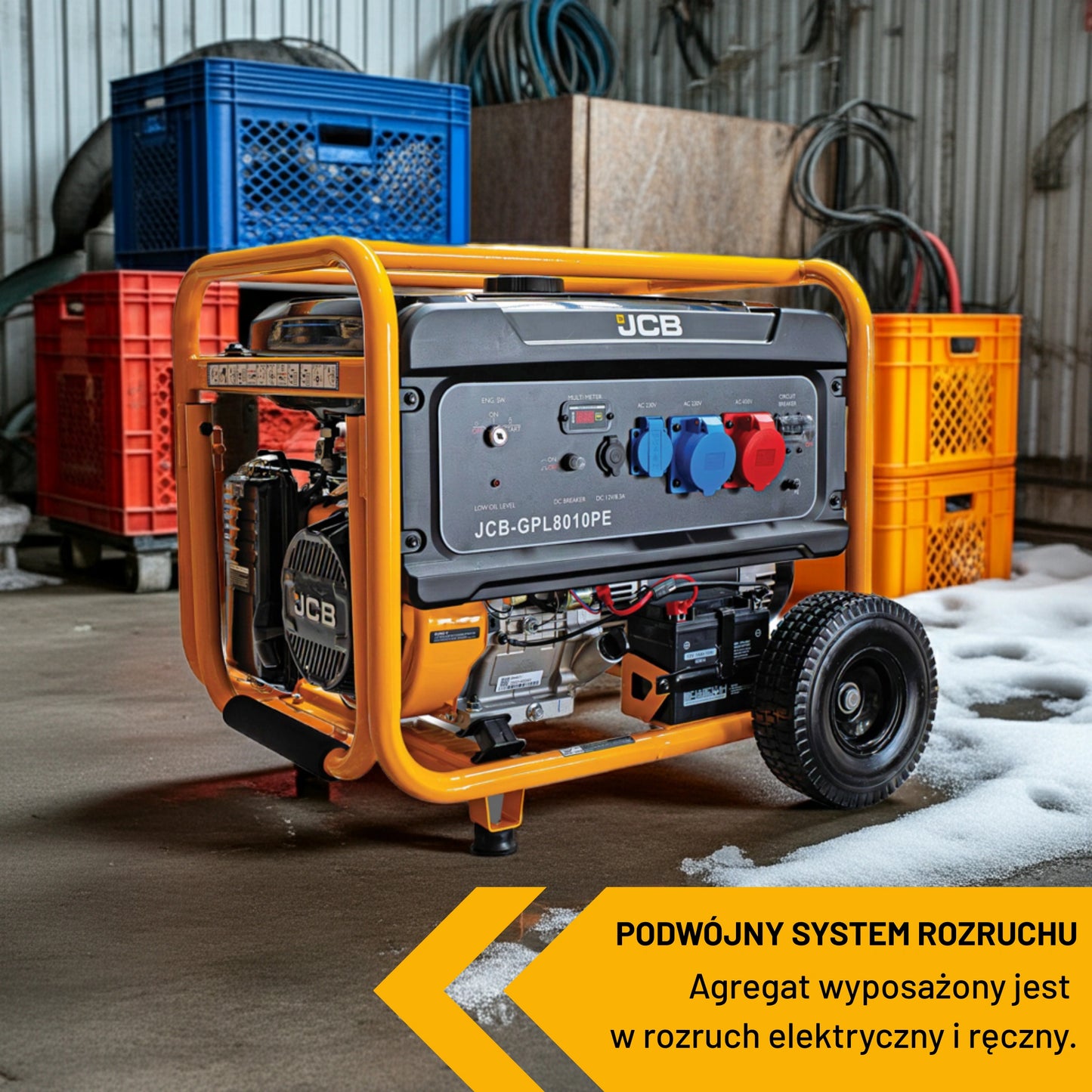 Agregat prądotwórczy JCB GDE8000PE 7.9 kW w hali widok z parametrami podwójny system rozruchu elektryczny i ręczny