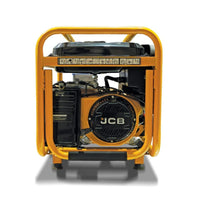 Agregat prądotwórczy JCB GDE8000PE 7.9 kW z żółtą ramą ochronną widok z tyłu na silnik z logo JCB i wentylatorem