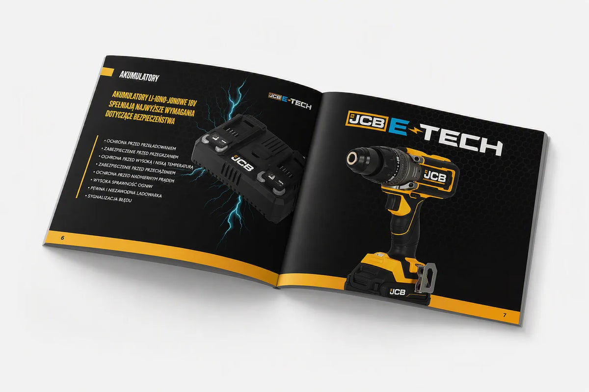 Katalog elektronarzędzi JCB E‑TECH z wiertarką i modułem akumulatora
