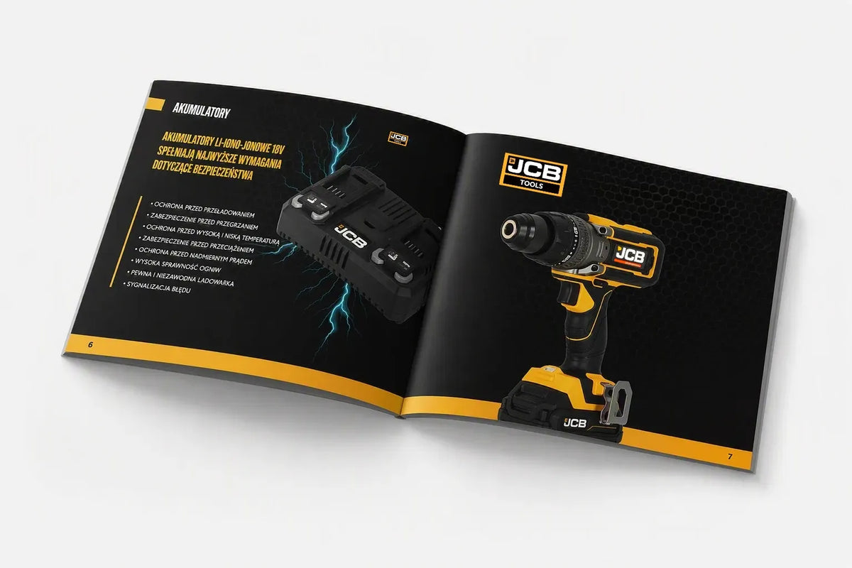 Katalog elektronarzędzi JCB E‑TECH z wiertarką i modułem akumulatora
