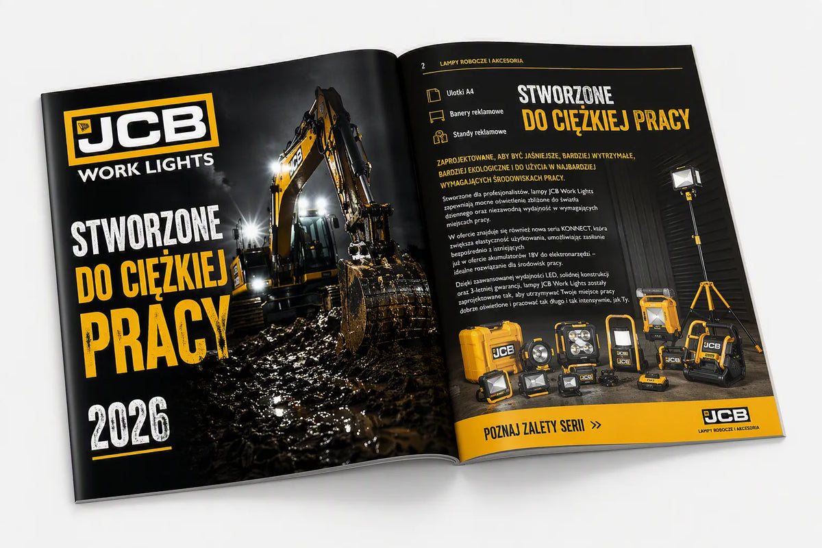 Katalog JCB Work Lights „stworzone do ciężkiej pracy 2026” z oświetleniem roboczym