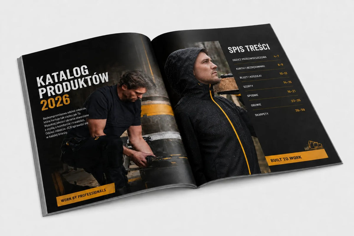 Katalog produktów 2026 JCB, okładka wewnętrzna ze spisem treści odzieży roboczej