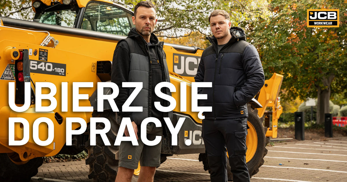 Baner JCB Workwear z hasłem „Ubierz się do pracy!”, w tle dwie osoby w odzieży roboczej JCB przy maszynie