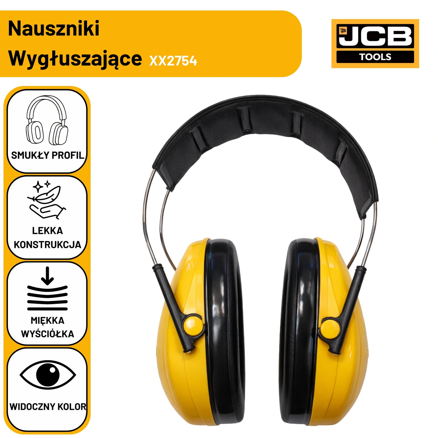 Ikonografika nauszników wygłuszających JCB XX2754 z oznaczeniami smukły profil lekka konstrukcja miękka wyściółka widoczny kolor